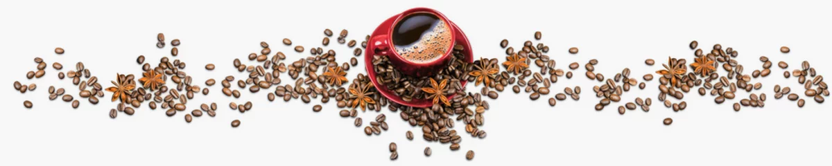 Foto auf Acrylglas Rote Kaffeetasse und Kaffeebohnen und Anis isoliert auf weißem Hintergrund © Ganna Chabanenko
