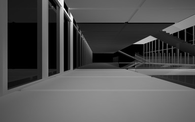 Fototapeta na wymiar Abstract white and black interior multilevel public space with window. 3D illustration and rendering.