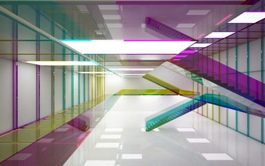 Obraz premium Abstract white and colored gradient glasses interior multilevel public space with window. 3D illustration and rendering.