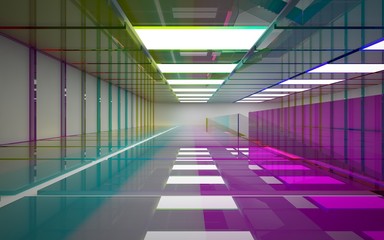 Abstract white and colored gradient glasses interior multilevel public space with window. 3D illustration and rendering.