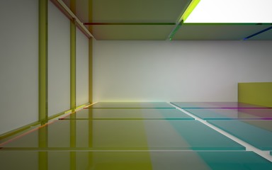 Abstract white and colored gradient glasses interior multilevel public space with window. 3D illustration and rendering.