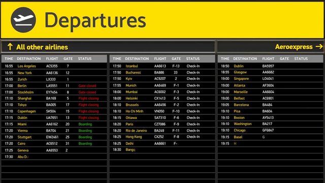 Airport departure board, information for passengers updating, transportation. Destinations, flight status, boarding gates info change on screen