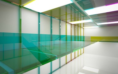 Abstract white and colored gradient glasses interior multilevel public space with window. 3D illustration and rendering.