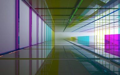 Abstract white and colored gradient glasses interior multilevel public space with window. 3D illustration and rendering.