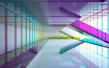 Abstract white and colored gradient glasses interior multilevel public space with window. 3D illustration and rendering.