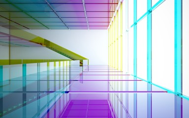Obraz premium Abstract white and colored gradient glasses interior multilevel public space with window. 3D illustration and rendering.