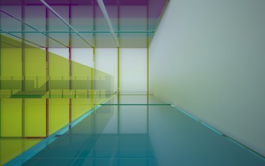 Abstract white and colored gradient glasses interior multilevel public space with window. 3D illustration and rendering.