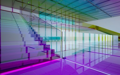 Abstract white and colored gradient glasses interior multilevel public space with window. 3D illustration and rendering.