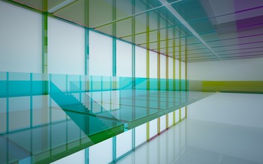 Abstract white and colored gradient glasses interior multilevel public space with window. 3D illustration and rendering.