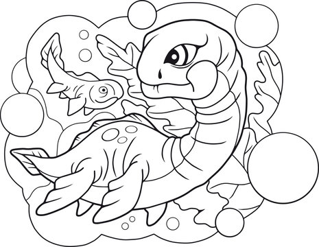 cartoon cute little plesiosaurus, coloring book, funny illustration