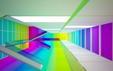 Abstract white and colored gradient glasses interior multilevel public space with window. 3D illustration and rendering.