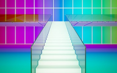 Abstract white and colored gradient glasses interior multilevel public space with window. 3D illustration and rendering.