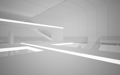Abstract white interior multilevel public space with neon lighting. 3D illustration and rendering.