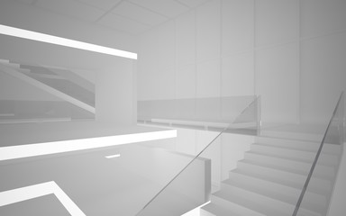 Obraz premium Abstract white interior multilevel public space with neon lighting. 3D illustration and rendering.