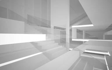 Abstract white interior multilevel public space with neon lighting. 3D illustration and rendering.