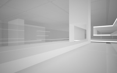 Abstract white interior multilevel public space with neon lighting. 3D illustration and rendering.