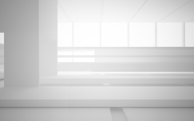 Abstract white interior multilevel public space with window. 3D illustration and rendering.