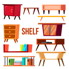 Home Shelf Set Vector. Interior Furniture Objects. Wooden Storage. Isolated Cartoon Illustration