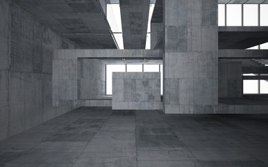 Abstract  concrete interior multilevel public space with window. 3D illustration and rendering.