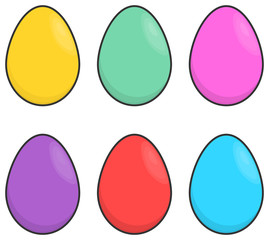 Set of simple colorful Easter eggs. Vector illustration. Dyed eggs: yellow, green, pink, violet, red and blue egg.