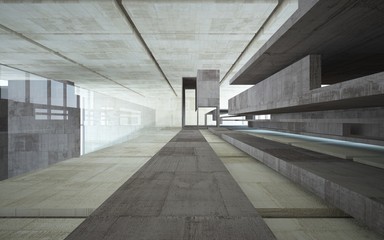 Abstract  concrete interior multilevel public space with window. 3D illustration and rendering.