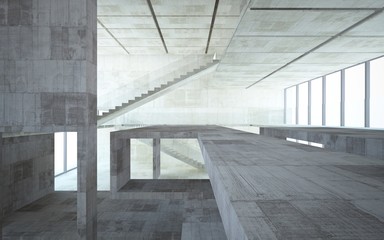 Abstract  concrete interior multilevel public space with window. 3D illustration and rendering.