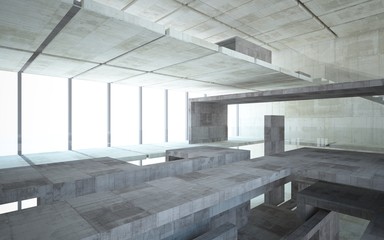 Abstract  concrete interior multilevel public space with window. 3D illustration and rendering.
