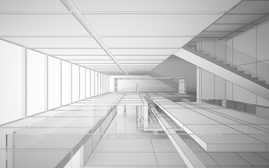 Abstract drawing white interior multilevel public space with window. 3D illustration and rendering.