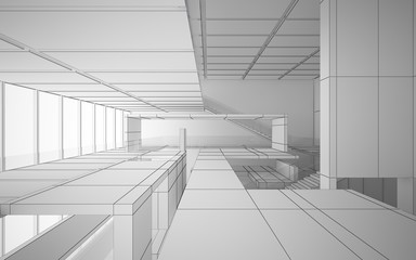 Abstract drawing white interior multilevel public space with window. 3D illustration and rendering.