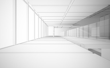 Abstract drawing white interior multilevel public space with window. 3D illustration and rendering.