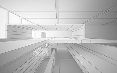 Abstract drawing white interior multilevel public space with window. 3D illustration and rendering.