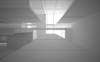 Abstract drawing white interior multilevel public space with window. 3D illustration and rendering.
