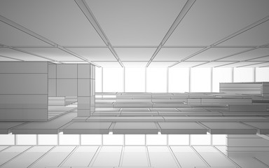 Abstract drawing white interior multilevel public space with window. 3D illustration and rendering.