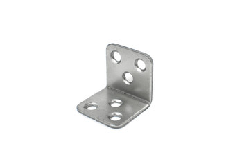 Furniture, metal corner with six holes on white background.