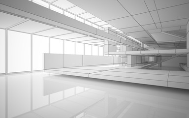 Abstract drawing white interior multilevel public space with window. 3D illustration and rendering.