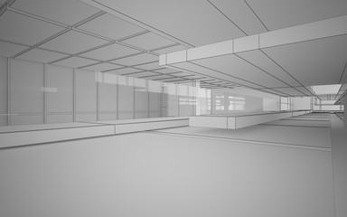 Abstract drawing white interior multilevel public space with window. 3D illustration and rendering.