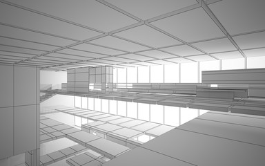 Abstract drawing white interior multilevel public space with window. 3D illustration and rendering.