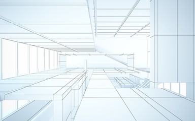 Abstract drawing white interior multilevel public space with window. 3D illustration and rendering.