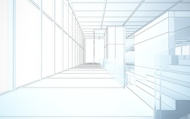Abstract drawing white interior multilevel public space with window. 3D illustration and rendering.