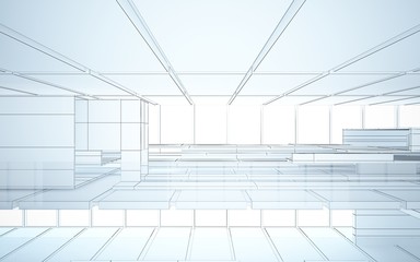 Abstract drawing white interior multilevel public space with window. 3D illustration and rendering.
