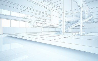Abstract drawing white interior multilevel public space with window. 3D illustration and rendering.