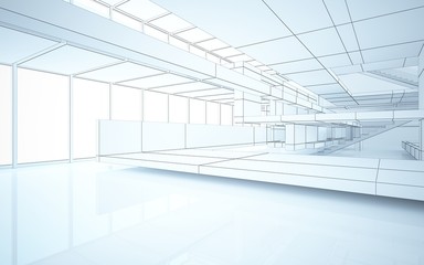 Abstract drawing white interior multilevel public space with window. 3D illustration and rendering.