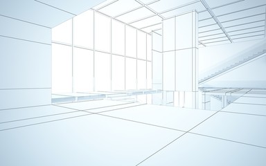 Abstract drawing white interior multilevel public space with window. 3D illustration and rendering.