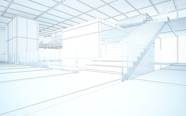 Abstract drawing white interior multilevel public space with window. 3D illustration and rendering.