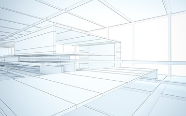 Abstract drawing white interior multilevel public space with window. 3D illustration and rendering.