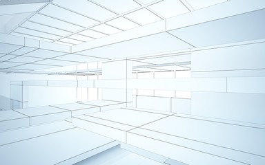 Abstract drawing white interior multilevel public space with window. 3D illustration and rendering.