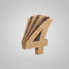 3D wooden number 4. 3D rendering chipboard font. Cutaway plywood alphabet