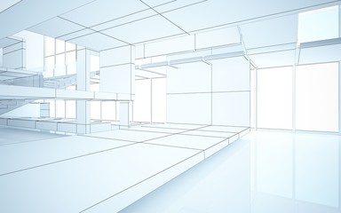 Abstract drawing white interior multilevel public space with window. 3D illustration and rendering.