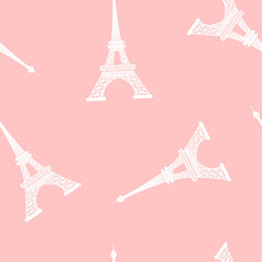 Fototapeta na wymiar Seamless vector pattern of Eiffel Tower silhouette on pink background