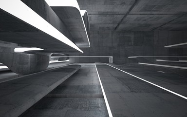 Empty dark abstract concrete room smooth interior. Architectural background. Night view of the illuminated. 3D illustration and rendering